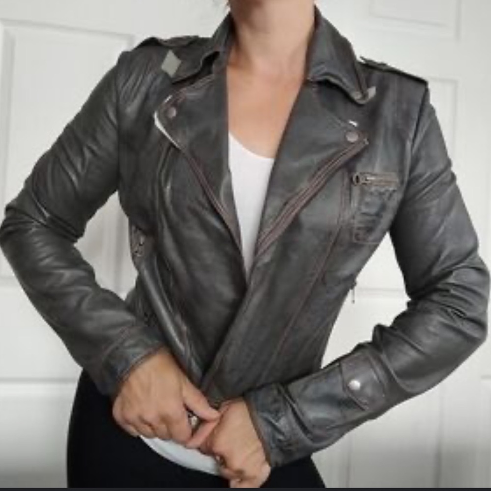 JAKETT NEW YORK Josey‎ leather moto jacket small grey $575
